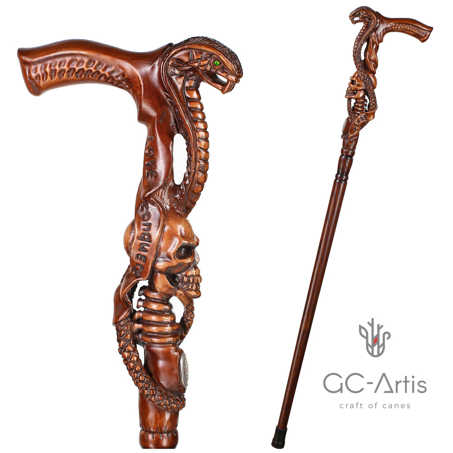 Canne Bâton de Marche en Bois Foncé COBRA Serpent avec Crâne