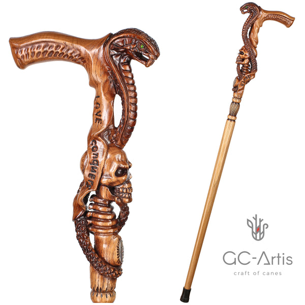 Snake Cobra & Skull wooden walking cane stick hiking Staff light