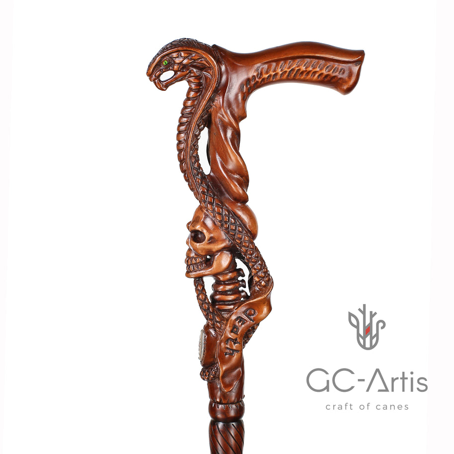 Canne Bâton de Marche en Bois Foncé COBRA Serpent avec Crâne