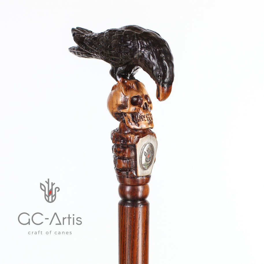 Canne de marche en bois CORBEAU NOIR & CRÂNE style Gothique