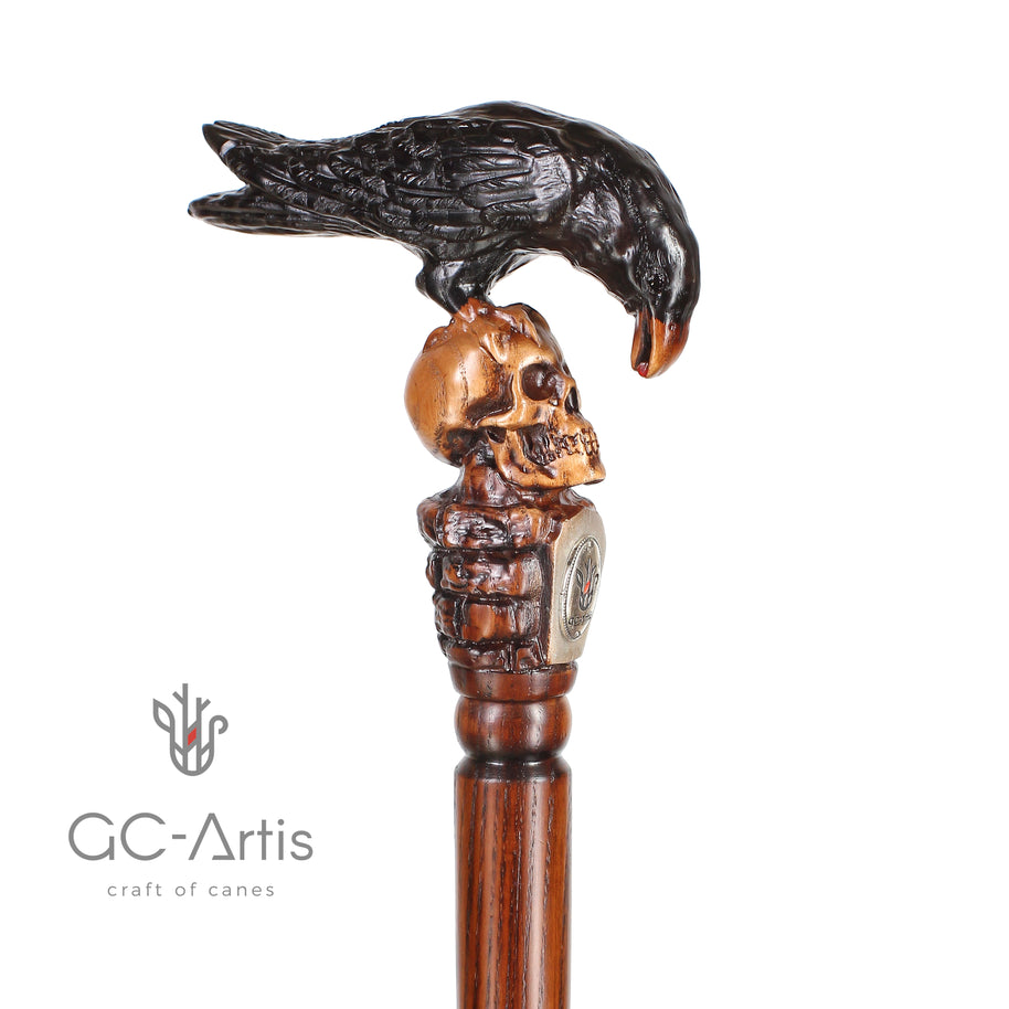 Canne de marche en bois CORBEAU NOIR & CRÂNE style Gothique
