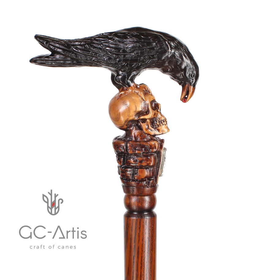 Canne de marche en bois CORBEAU NOIR & CRÂNE style Gothique
