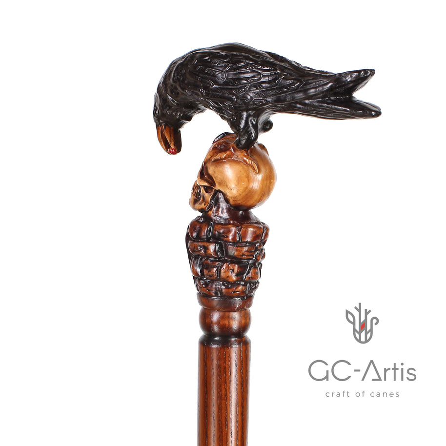 Canne de marche en bois CORBEAU NOIR & CRÂNE style Gothique