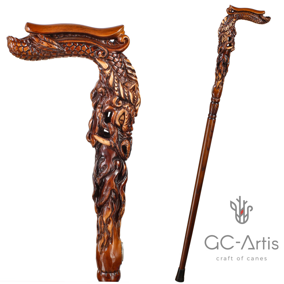 CANNE Dragon Fantaisie Bâton de Marche en Bois Foncé