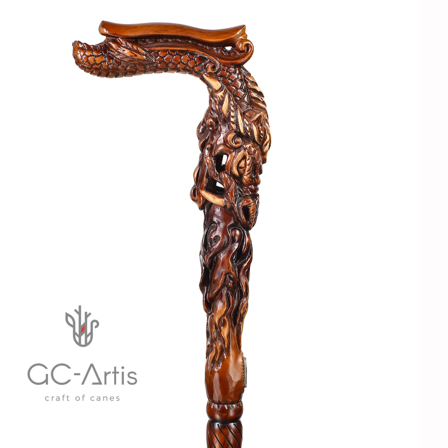 CANNE Dragon Fantaisie Bâton de Marche en Bois Foncé