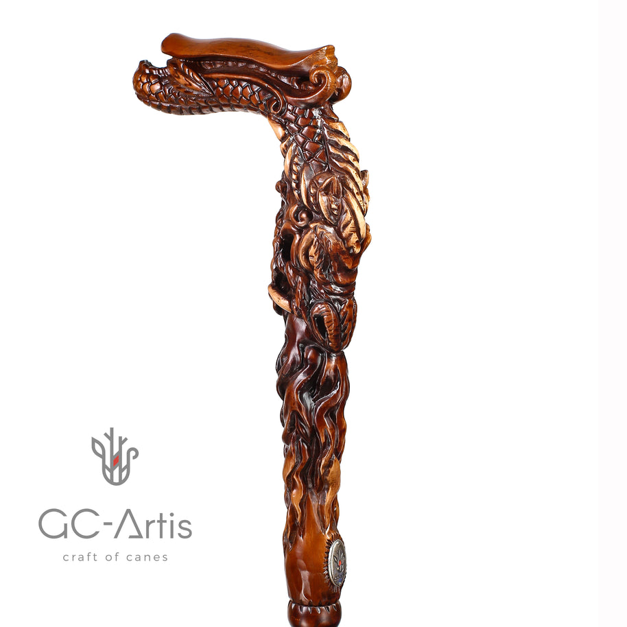 CANNE Dragon Fantaisie Bâton de Marche en Bois Foncé