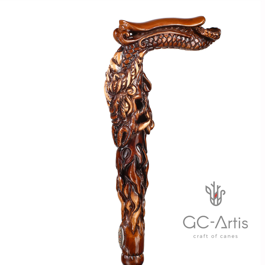 CANNE Dragon Fantaisie Bâton de Marche en Bois Foncé