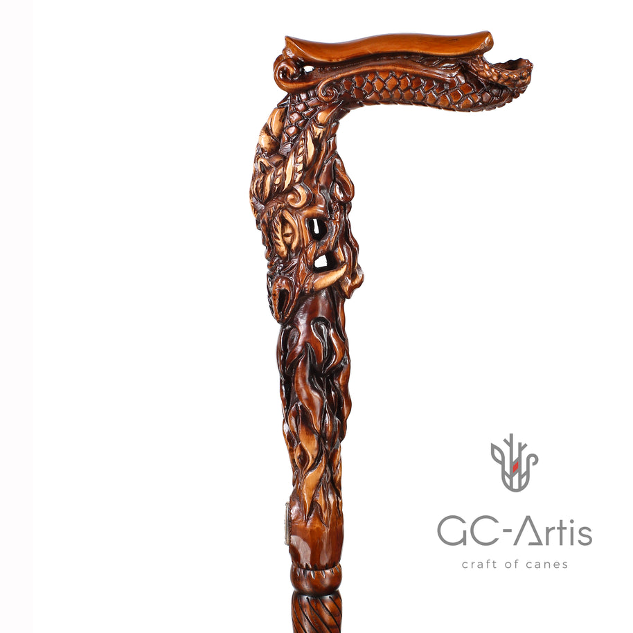 CANNE Dragon Fantaisie Bâton de Marche en Bois Foncé