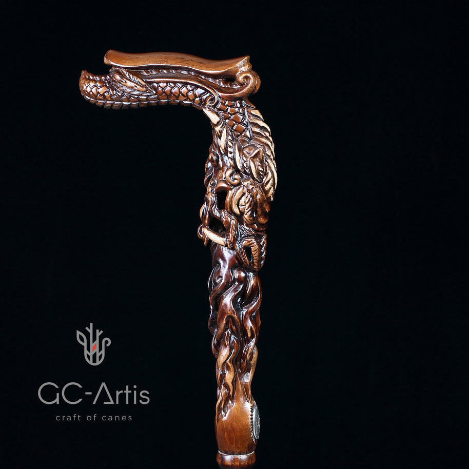 CANNE Dragon Fantaisie Bâton de Marche en Bois Foncé