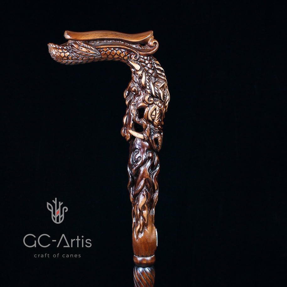 CANNE Dragon Fantaisie Bâton de Marche en Bois Foncé
