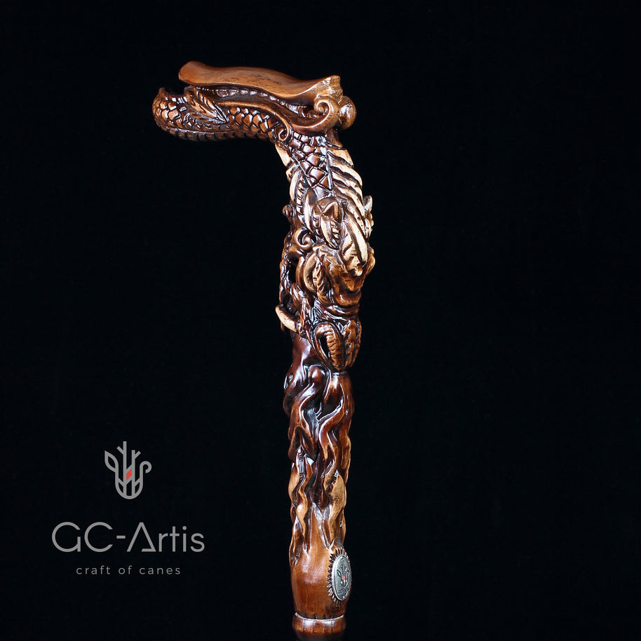 CANNE Dragon Fantaisie Bâton de Marche en Bois Foncé