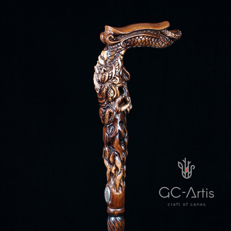 CANNE Dragon Fantaisie Bâton de Marche en Bois Foncé