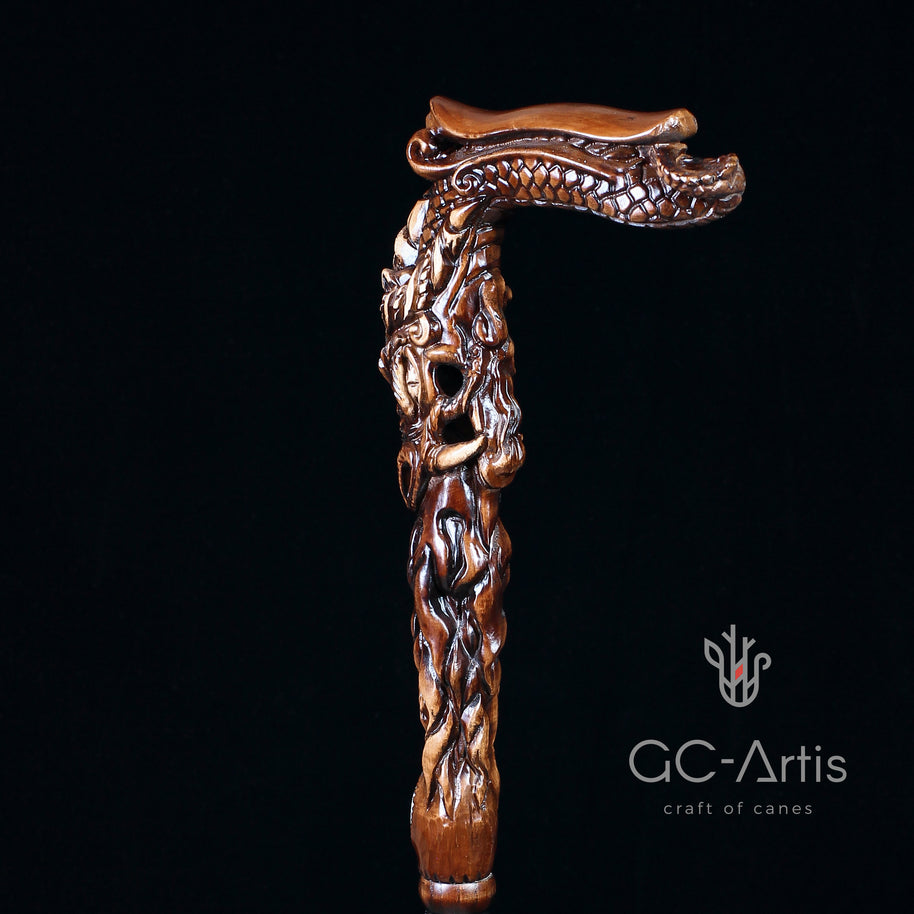 CANNE Dragon Fantaisie Bâton de Marche en Bois Foncé