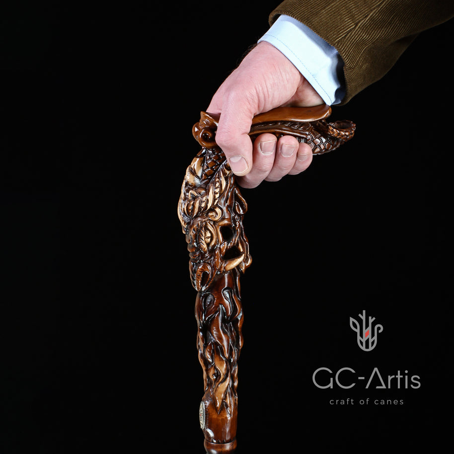 CANNE Dragon Fantaisie Bâton de Marche en Bois Foncé