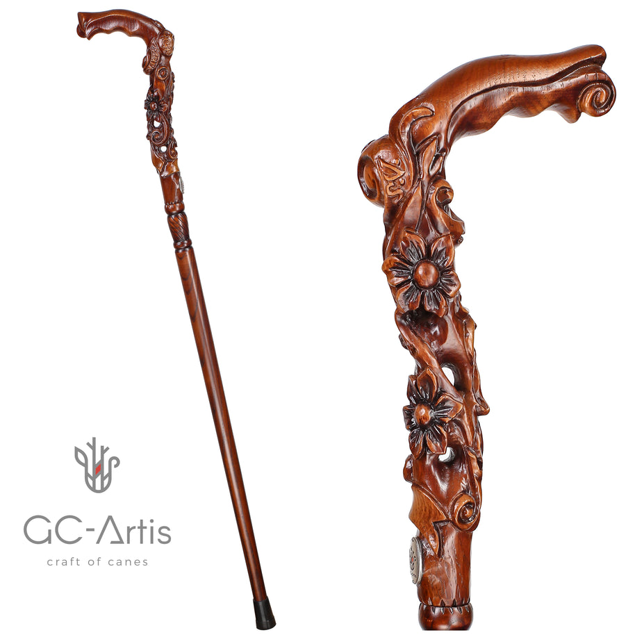 Canne de marche en bois "Jolies fleurs"