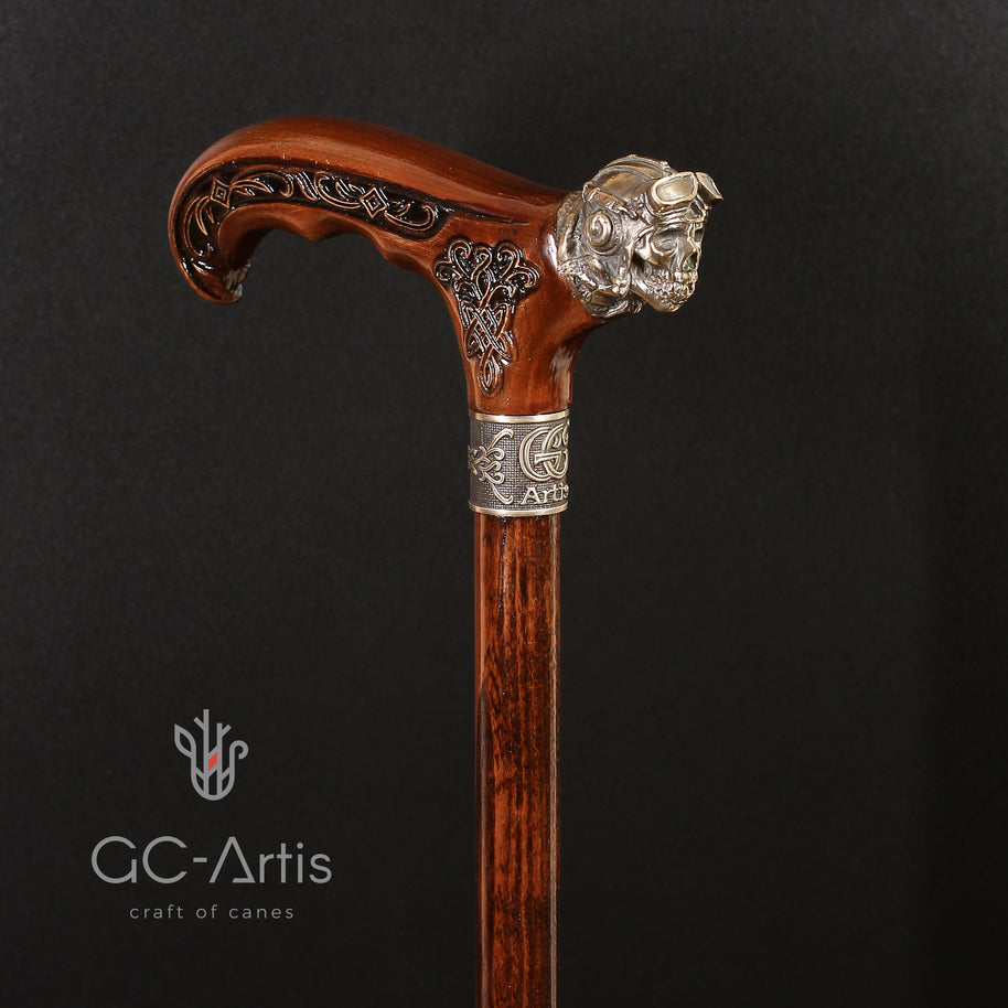 Canne de marche en bronze et bois style aviateur 