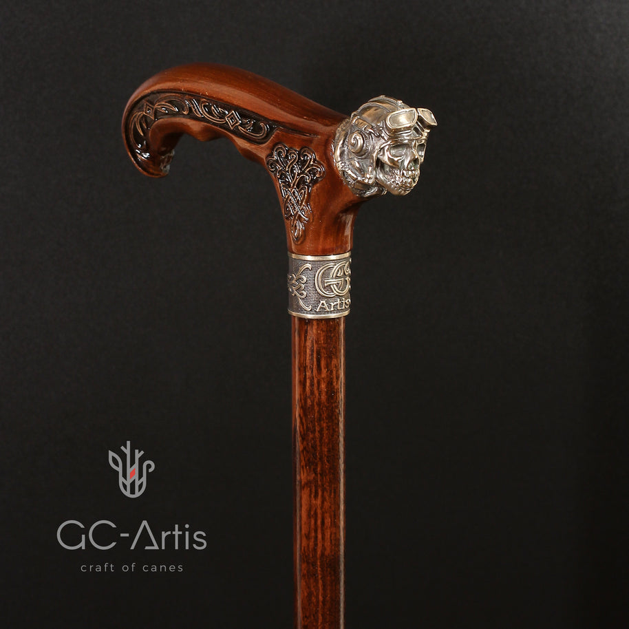 Canne de marche en bronze et bois style aviateur 
