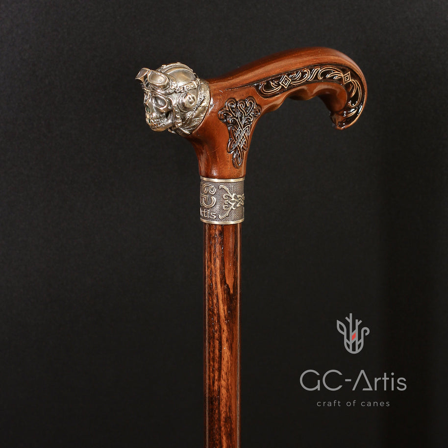 Canne de marche en bronze et bois style aviateur 