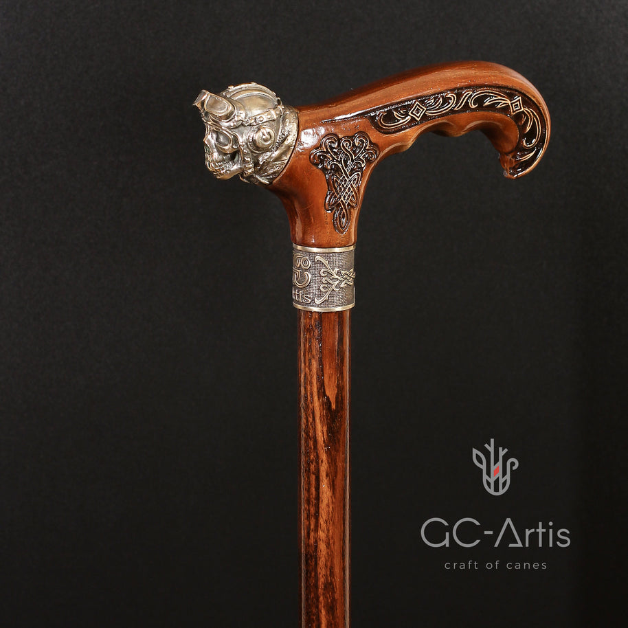 Canne de marche en bronze et bois style aviateur 