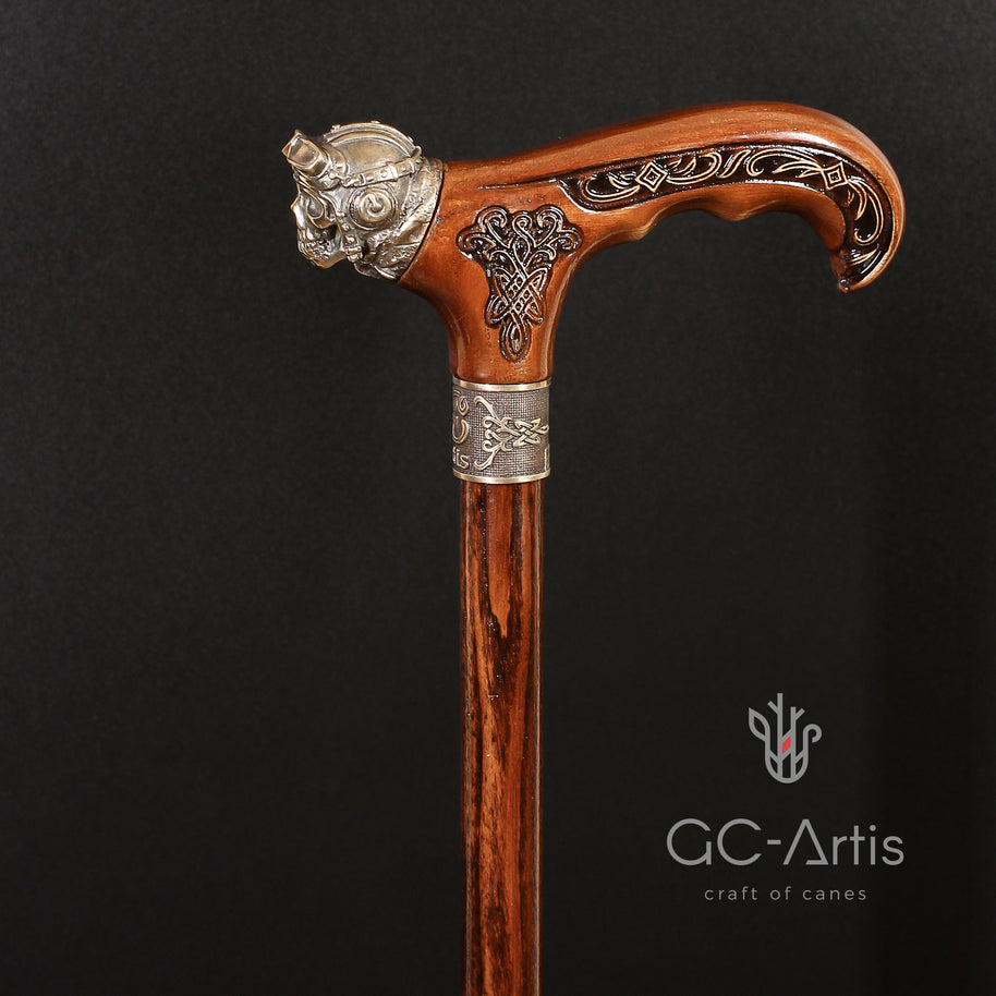 Canne de marche en bronze et bois style aviateur 