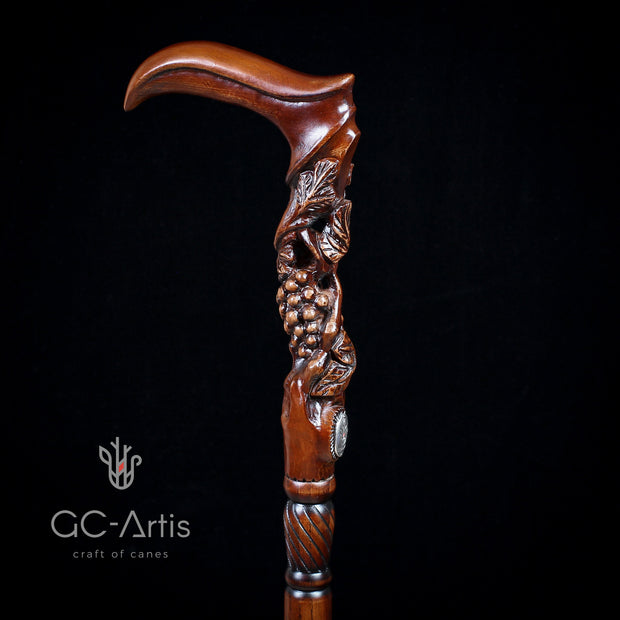 Grape & Vines Richly Engraved Wooden Walking Stick Cane