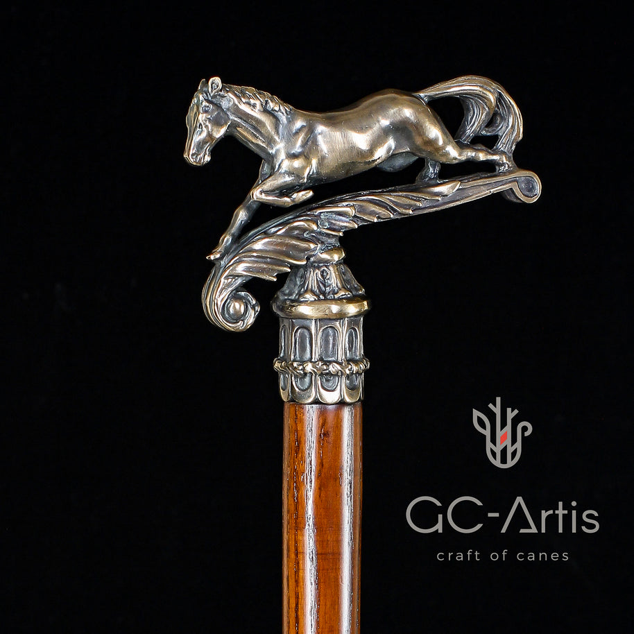 Walking Stick Cane Horse Solid Bronze & wood classic vintage style - GC-Artis Walking Sticks Canes