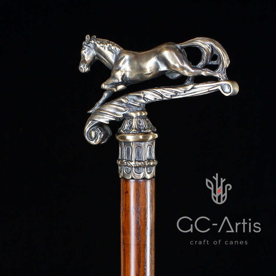 Walking Stick Cane Horse Solid Bronze & wood classic vintage style - GC-Artis Walking Sticks Canes