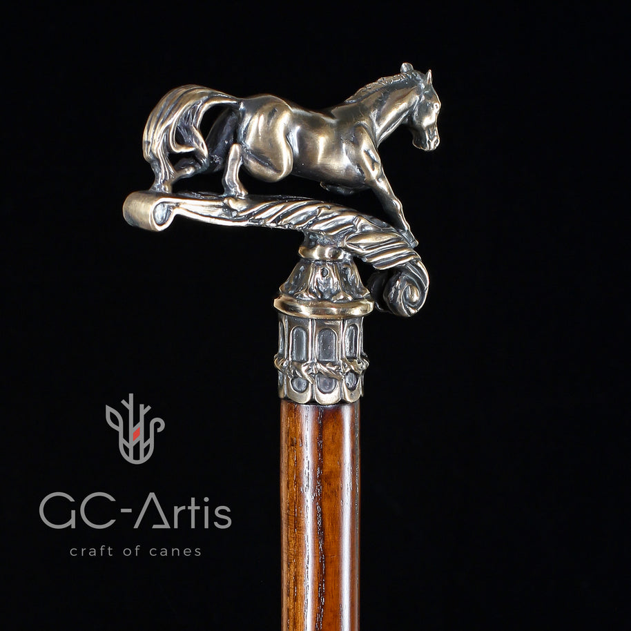 Walking Stick Cane Horse Solid Bronze & wood classic vintage style - GC-Artis Walking Sticks Canes