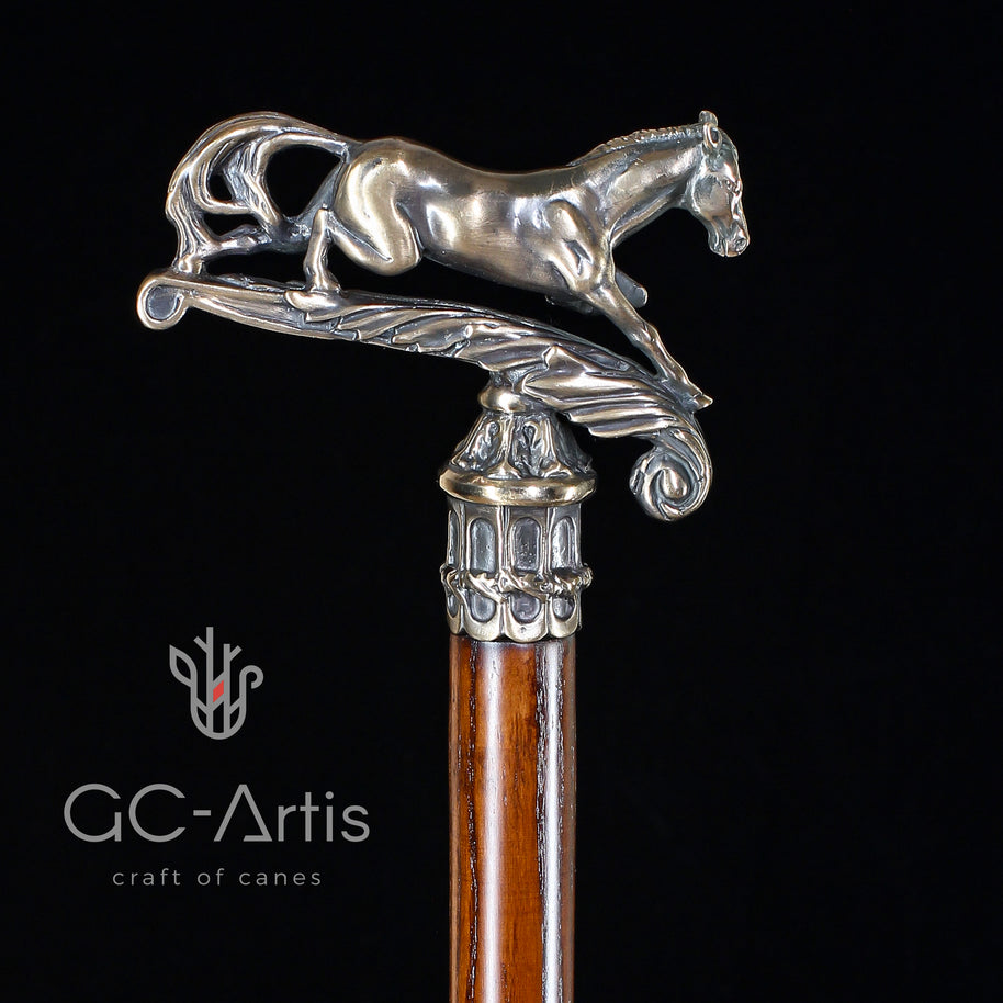 Walking Stick Cane Horse Solid Bronze & wood classic vintage style - GC-Artis Walking Sticks Canes