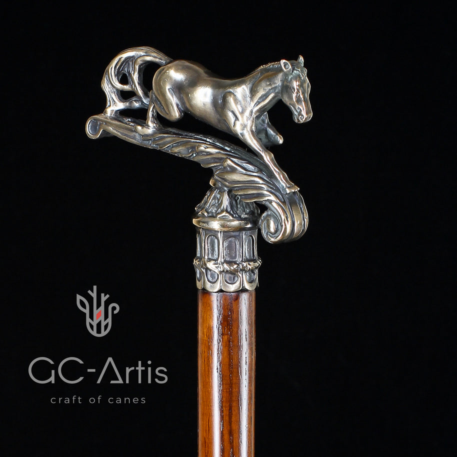 Walking Stick Cane Horse Solid Bronze & wood classic vintage style - GC-Artis Walking Sticks Canes