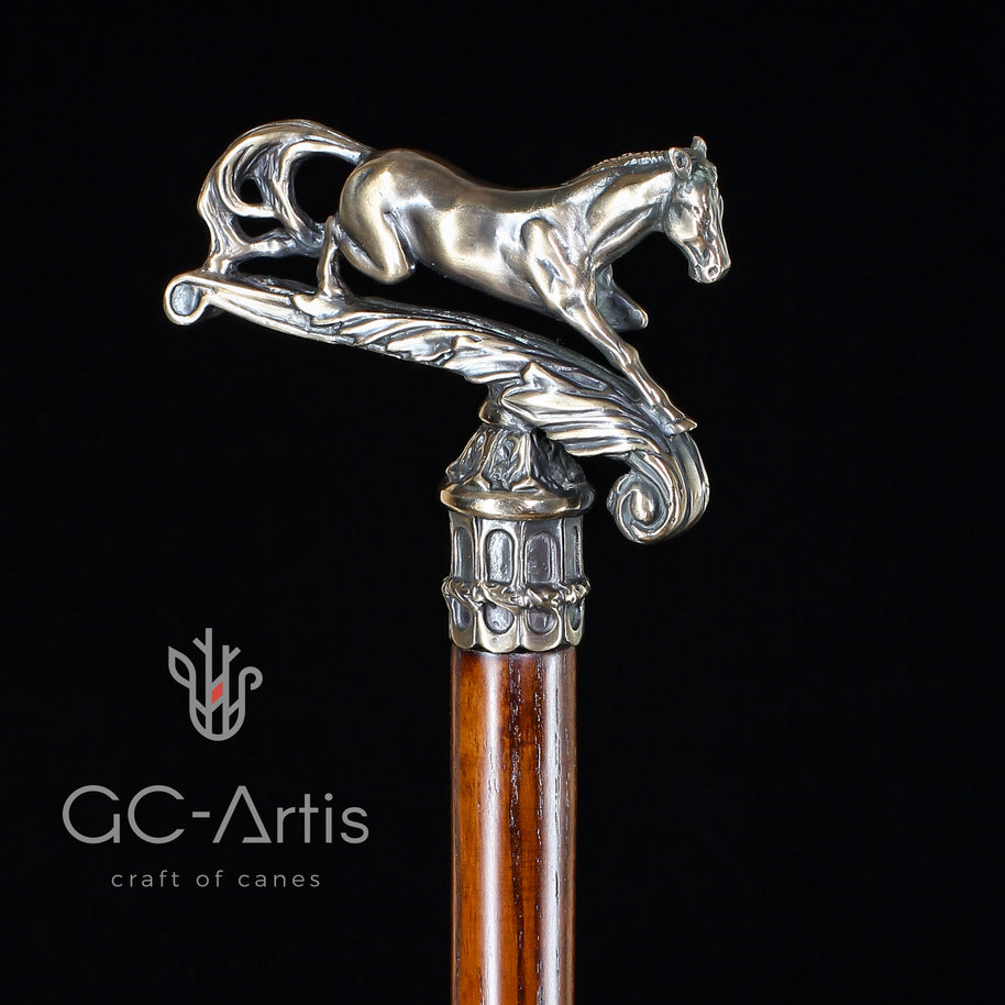 Walking Stick Cane Horse Solid Bronze & wood classic vintage style - GC-Artis Walking Sticks Canes