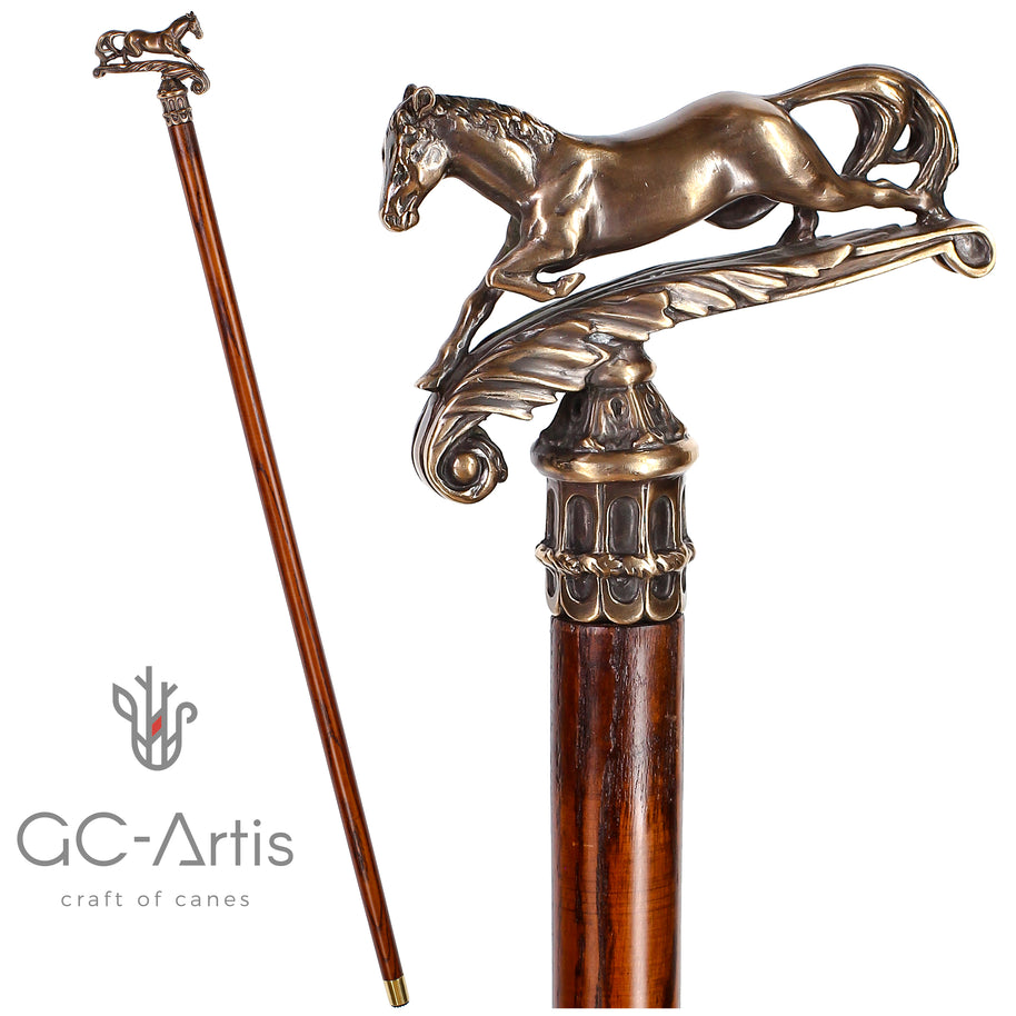 Walking Stick Cane Horse Solid Bronze & wood classic vintage style - GC-Artis Walking Sticks Canes