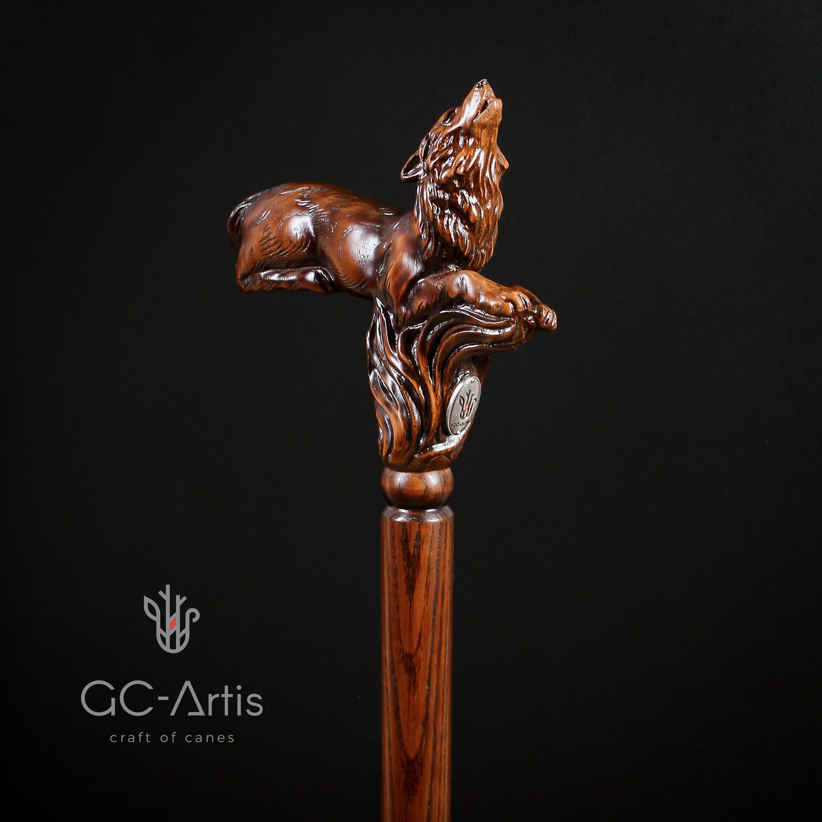 Wooden Cane Walking Stick Howling Wolf