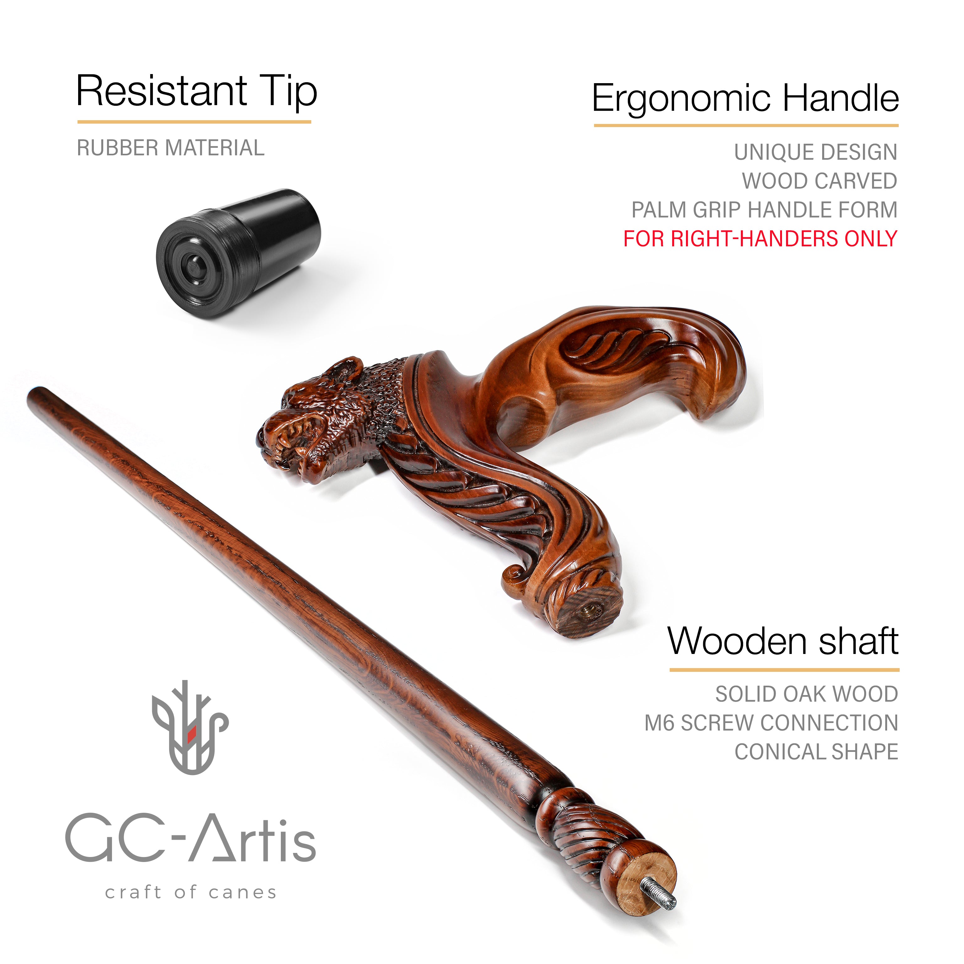 Jaguar Wooden Cane Walking Stick Ergonomic Handle - GC-Artis Walking Sticks Canes
