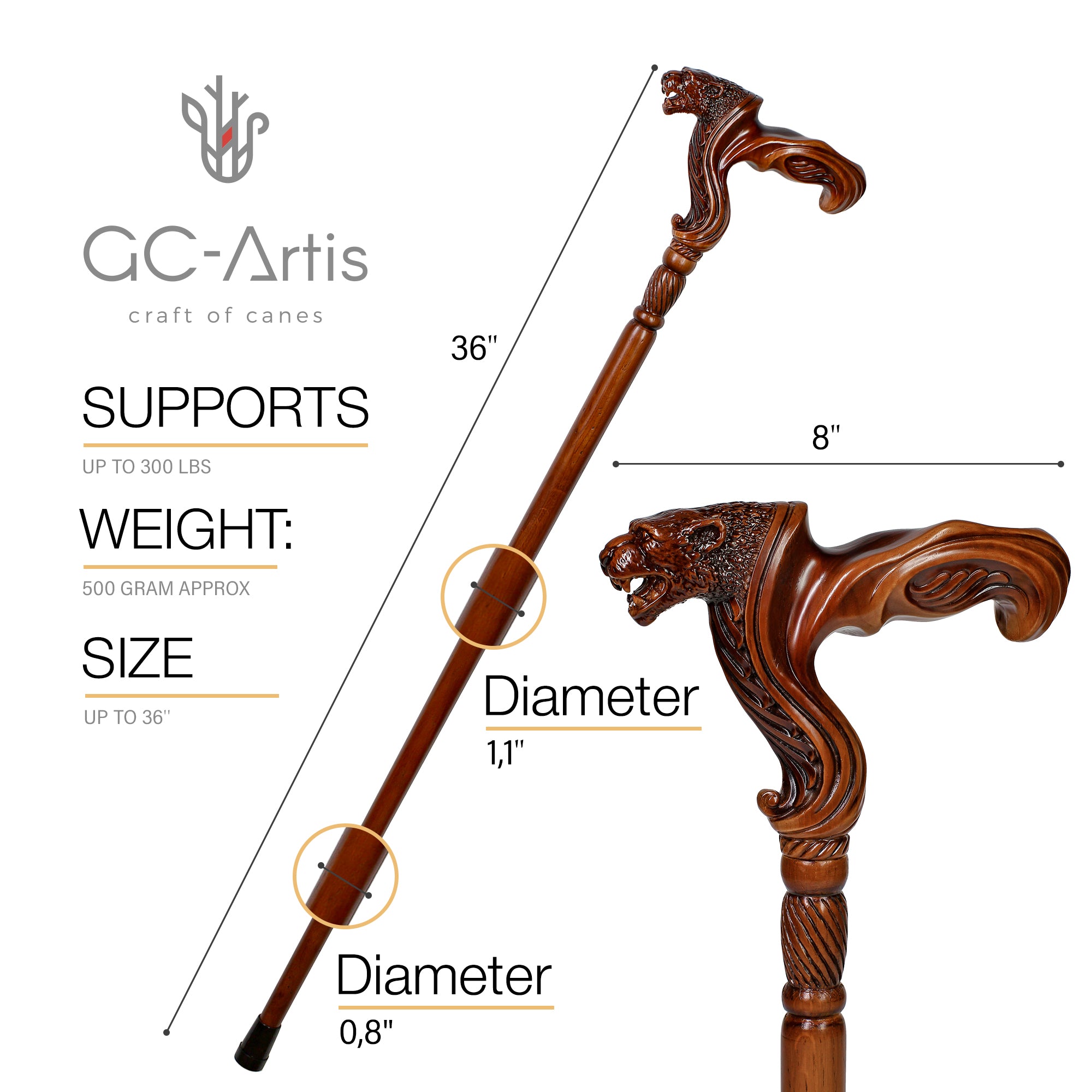 Jaguar Wooden Cane Walking Stick Ergonomic Handle - GC-Artis Walking Sticks Canes