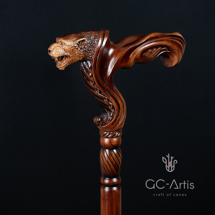 Jaguar Wooden Cane Walking Stick Ergonomic Handle - GC-Artis Walking Sticks Canes