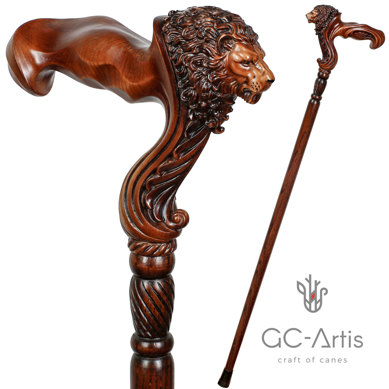 Wooden Walking Stick Cane Lion Head - Palm Grip Ergonomic Handle
