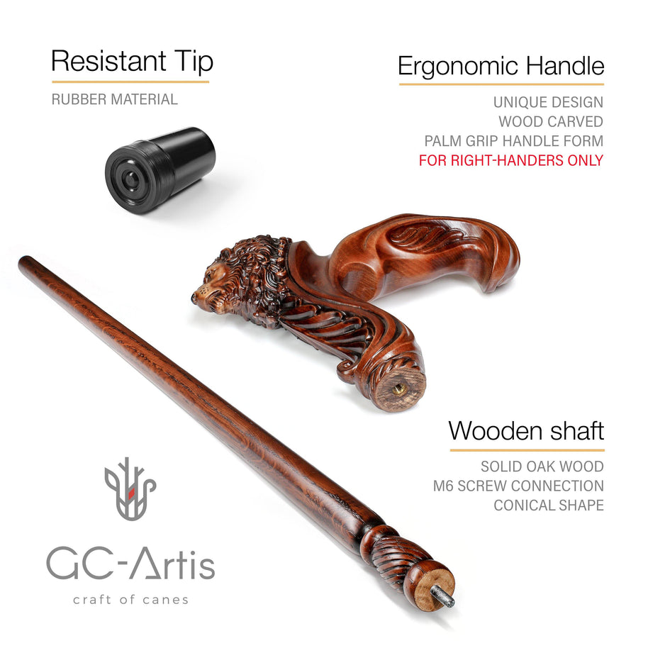 Unique Ergonomical Handle! Wooden Cane Lion Walking Stick - GC-Artis Walking Sticks Canes