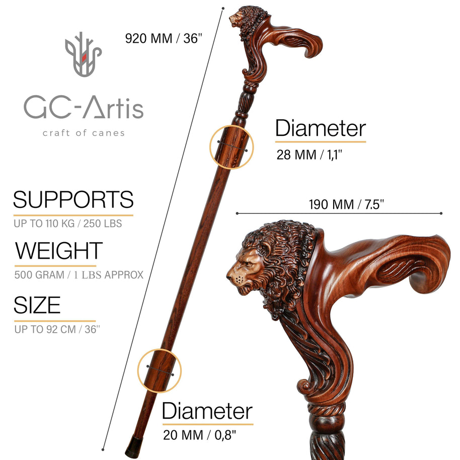 Unique Ergonomical Handle! Wooden Cane Lion Walking Stick - GC-Artis Walking Sticks Canes