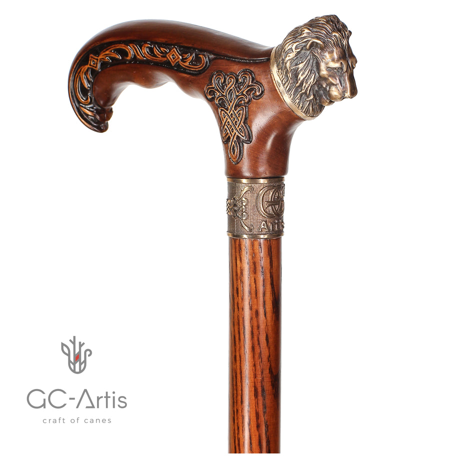 Tête de lion - Canne en bronze et bois