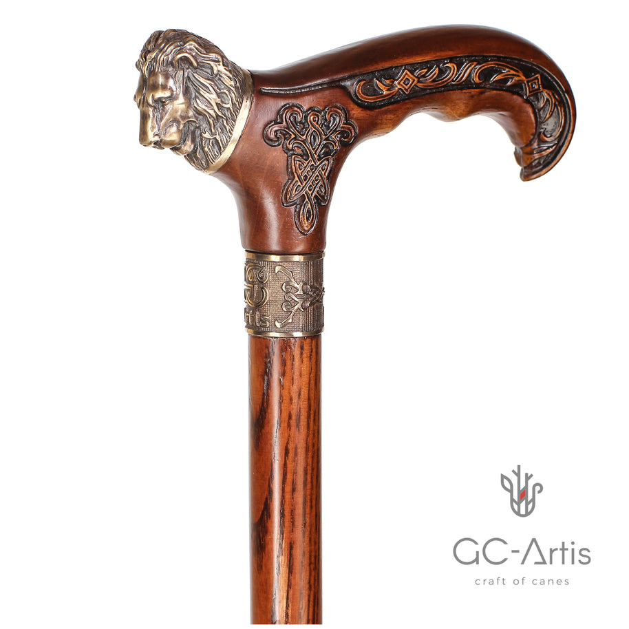 Tête de lion - Canne en bronze et bois