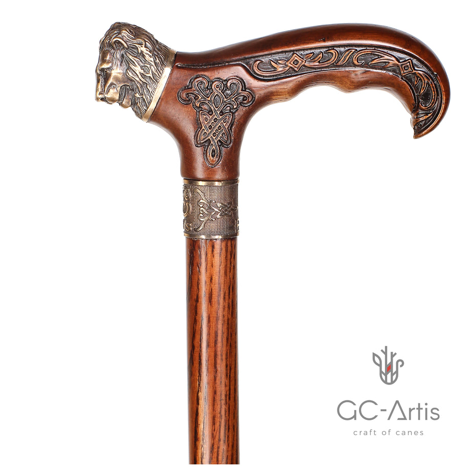 Tête de lion - Canne en bronze et bois
