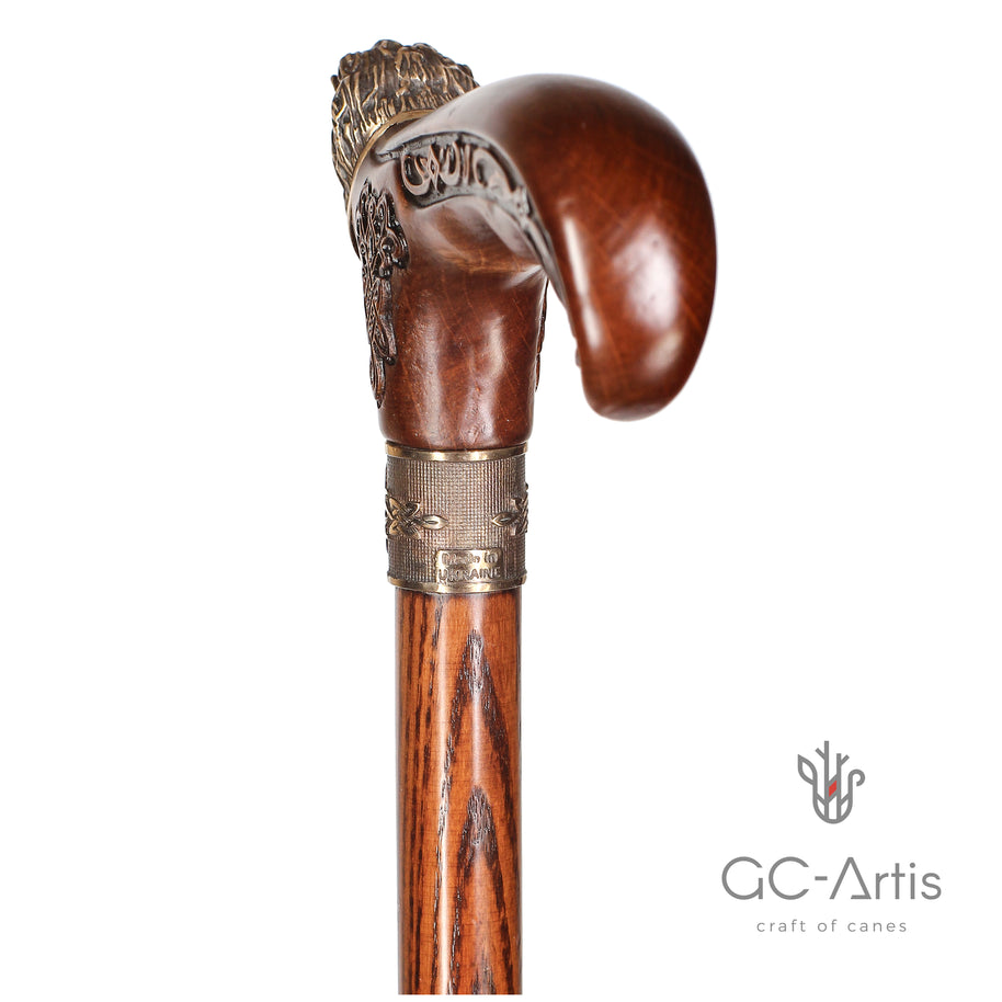 Tête de lion - Canne en bronze et bois