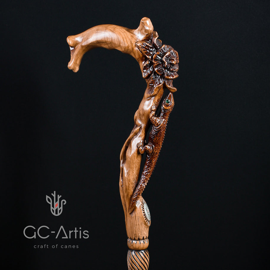 Canne en bois clair LÉZARD ET FLEUR
