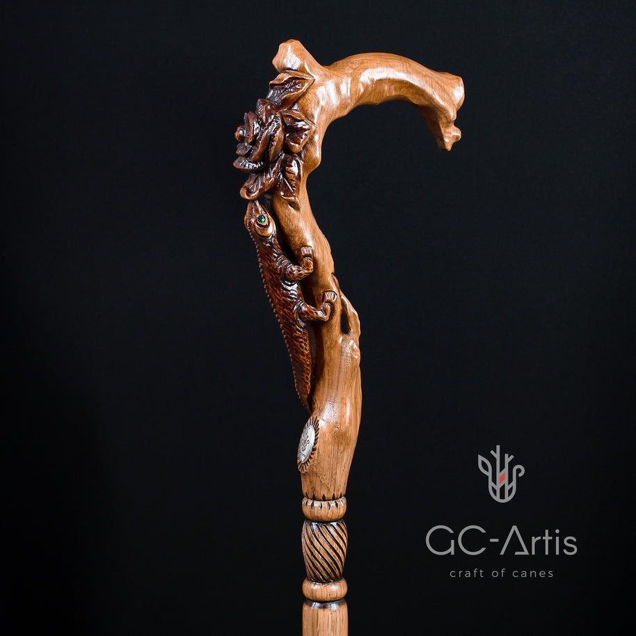 Canne en bois clair LÉZARD ET FLEUR