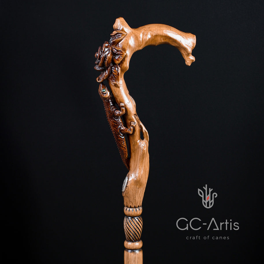 Canne en bois clair LÉZARD ET FLEUR