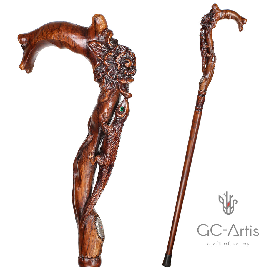 Canne sculptée à la main "Lézard et Fleur"