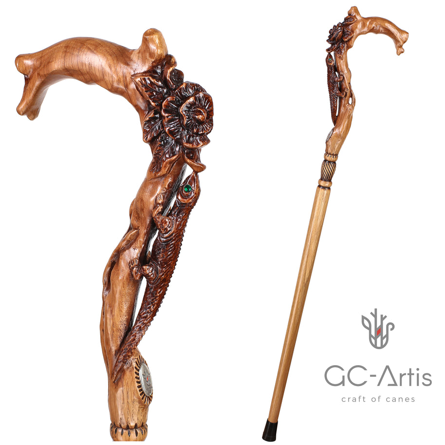 Canne en bois clair LÉZARD ET FLEUR