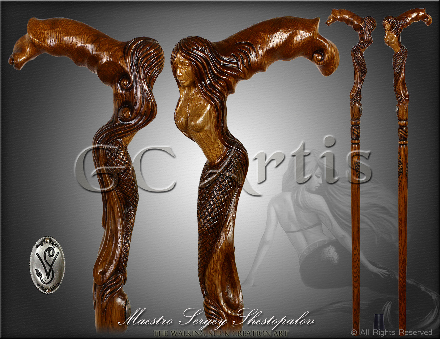 Crying Mermaid Girl Wooden Walking Stick Cane Dark