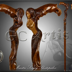 Crying Mermaid Girl Wooden Walking Stick Cane Dark